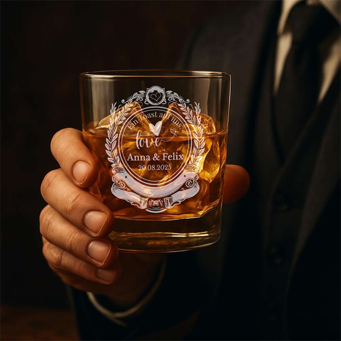 Personalisiertes Whiskey Glas "Ein Toast auf uns" - Wunschnamen und Datum - FOTOFOL