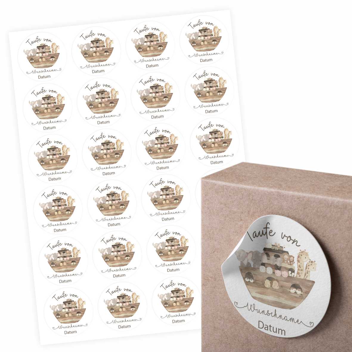 Personalisierte Aufkleber Taufe "Arche Noah" mit Namen und Datum - 24Stück - 4,5cm - FOTOFOL