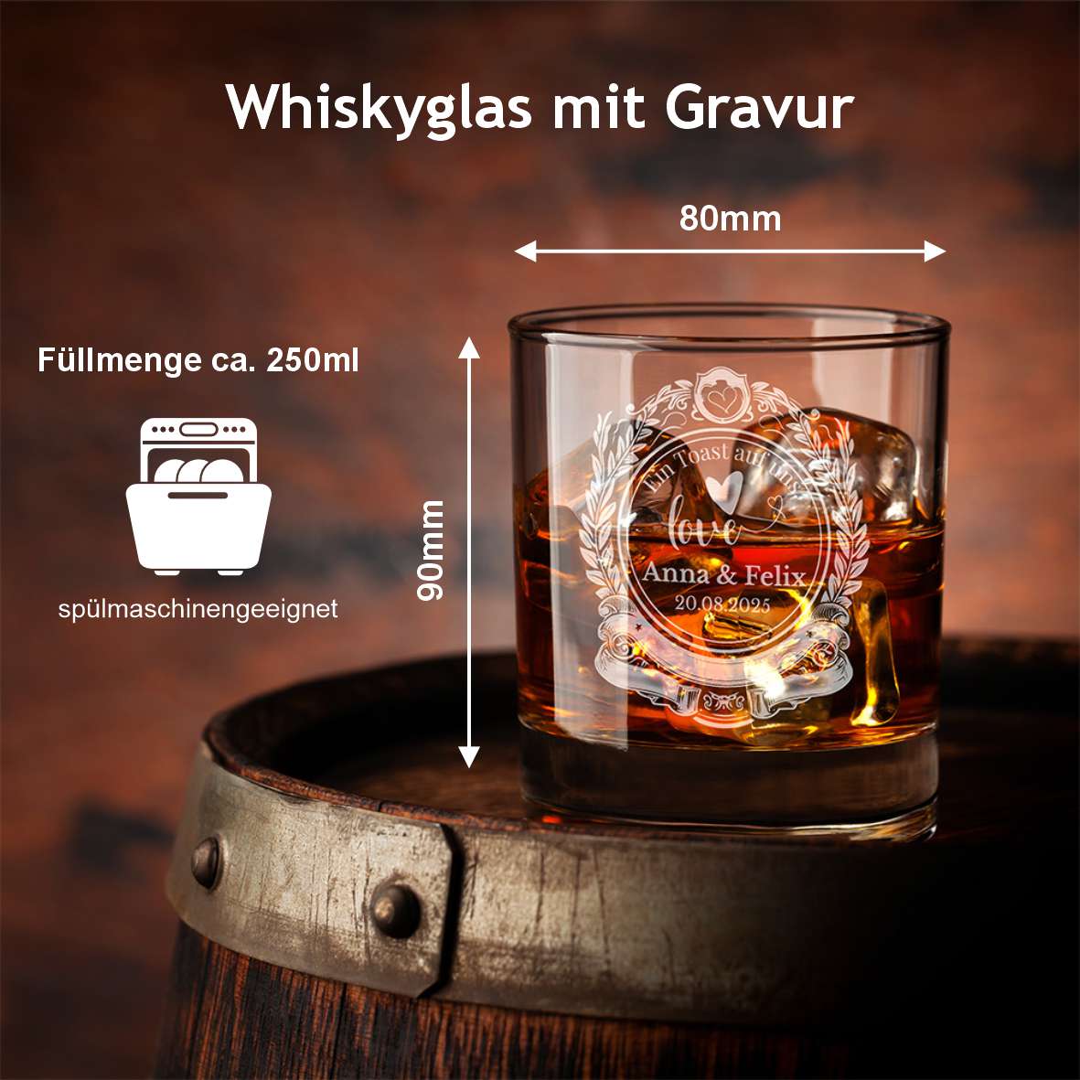Personalisiertes Whiskey Glas "Ein Toast auf uns" - Wunschnamen und Datum - FOTOFOL