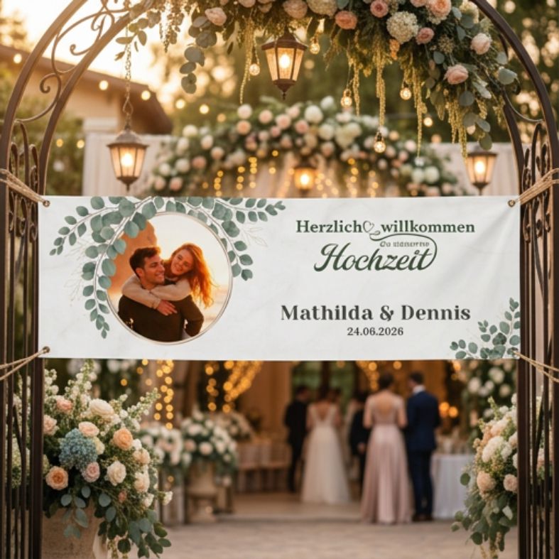 FOTOFOL - Hochzeitsbanner, Banner Hochzeit, personalisiertes Banner, Hochzeitsdeko, Willkommensschild Hochzeit, Eingangsschild Hochzeit, Banner mit Foto, Hochzeitsdekoration, personalisierte Geschenke, Trauung, Hochzeitsfeier, Eukalyptus Deko, Banner mit Namen, Banner mit Datum, Hochzeitsplanung, Dekoration Location