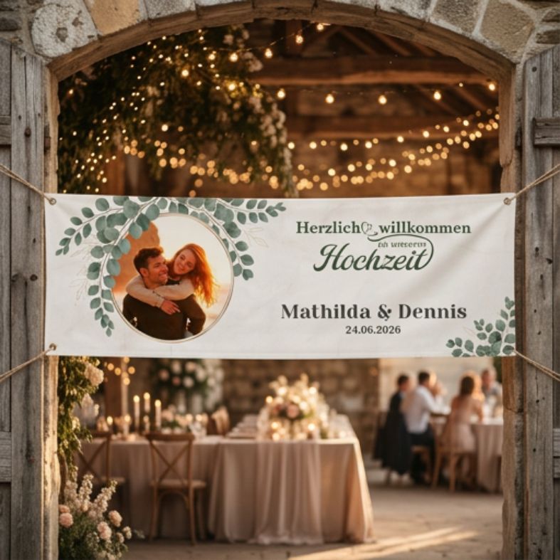 FOTOFOL - Hochzeitsbanner, Banner Hochzeit, personalisiertes Banner, Hochzeitsdeko, Willkommensschild Hochzeit, Eingangsschild Hochzeit, Banner mit Foto, Hochzeitsdekoration, personalisierte Geschenke, Trauung, Hochzeitsfeier, Eukalyptus Deko, Banner mit Namen, Banner mit Datum, Hochzeitsplanung, Dekoration Location