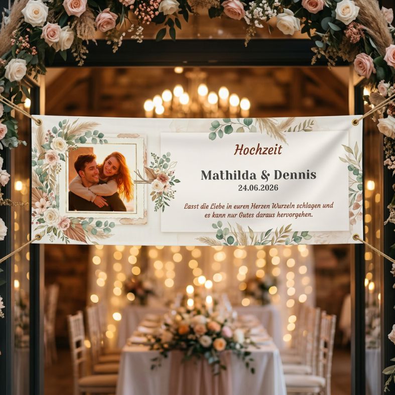 FOTOFOL - Hochzeitsbanner, Boho Hochzeit, Banner Boho, personalisiertes Banner, Willkommensschild Hochzeit, Hochzeitsdeko Boho, Pampasgras Deko, Trockenblumen Hochzeit, Banner mit Foto, Vintage Hochzeit, Hochzeitsdekoration, personalisiert, Trauung, Scheunenhochzeit, Freie Trauung, Dekoration Hochzeit, Banner mit Namen