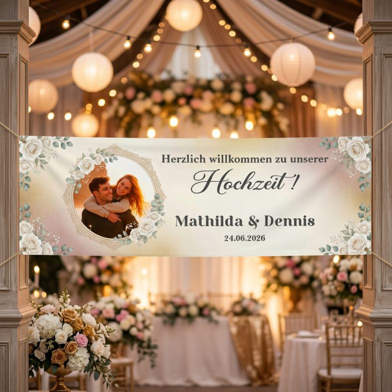 Fotofol - Hochzeitsbanner, Banner Hochzeit, romantische Hochzeit, personalisiertes Banner, Willkommensschild Hochzeit, elegante Hochzeitsdeko, Banner mit Foto, Vintage Hochzeit, Deko weiße Rosen, klassische Hochzeit, Hochzeitsdekoration, personalisiert, Trauung, Hochzeitsfeier, Dekoration Location, Banner mit Namen, Eingangsschild Hochzeit