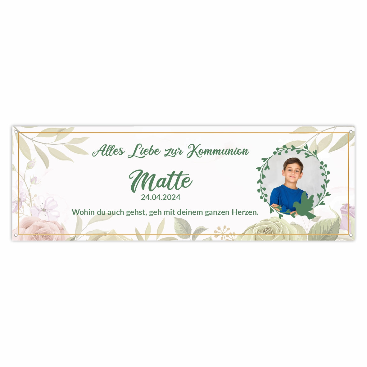 Taufe / Kommunion Banner personalisiert mit Foto und Wunschname - Grün - FOTOFOL