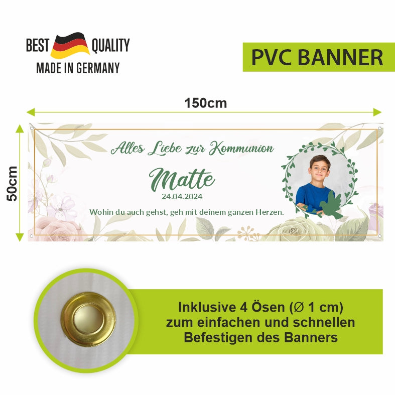 Taufe / Kommunion Banner personalisiert mit Foto und Wunschname - Grün - FOTOFOL