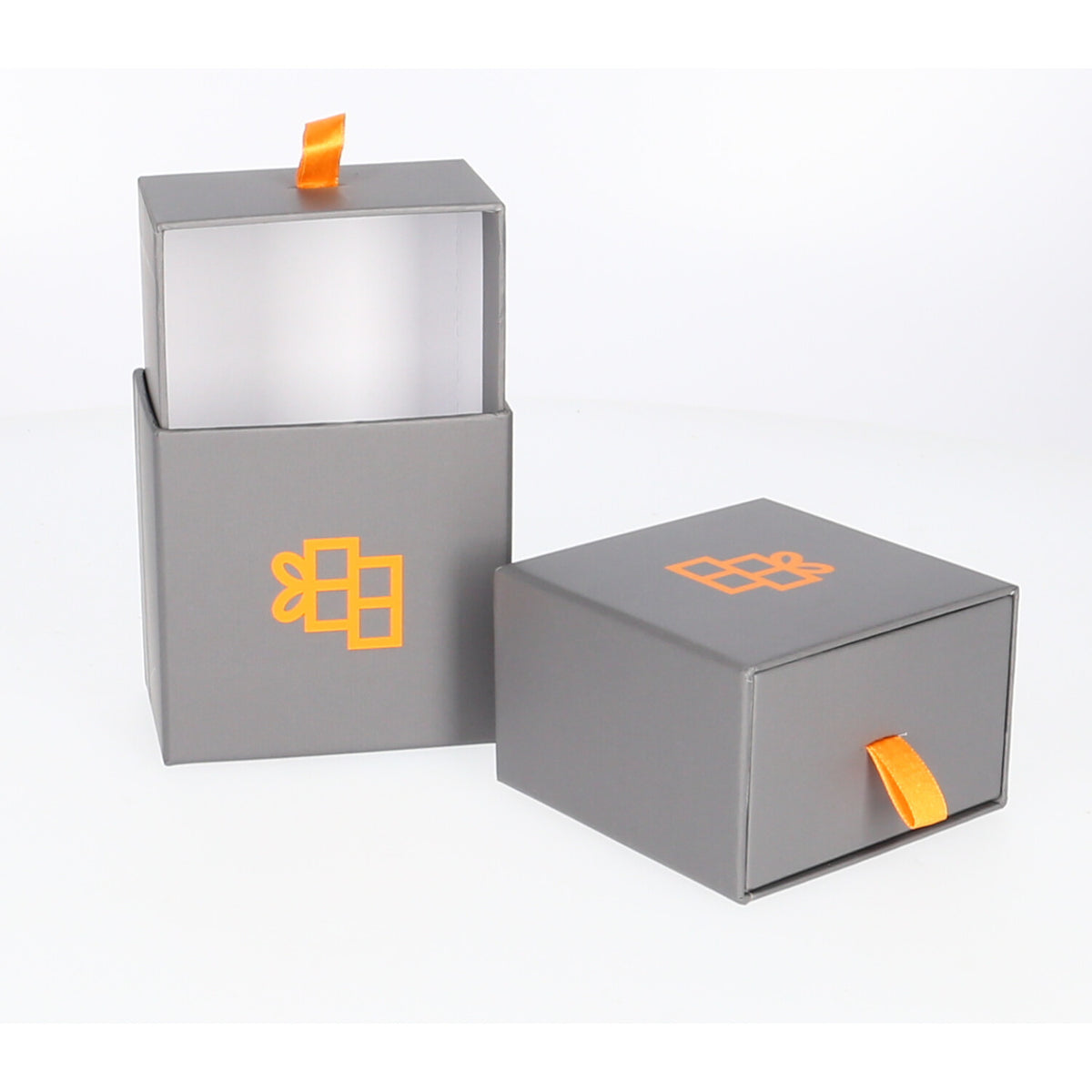 Luxuriöse Schiebeschachtel 6 Stück – Grau mit orangefarbenem Akzentband (8,5 x 8,5 x 5,5 cm) - FOTOFOL