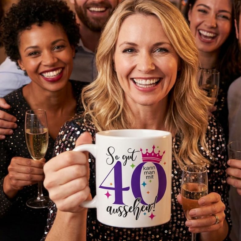 FOTOFOL - Personalisierte Tasse zum 40. Geburtstag | Individuelles Geschenk mit Namen | Spruch "So gut kann man mit 40 aussehen"
