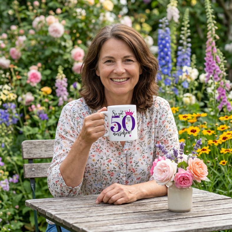 FOTOFOL - Personalisierte Tasse zum 50. Geburtstag | Individuelles Geschenk mit Namen | Spruch "So gut kann man mit 50 aussehen"