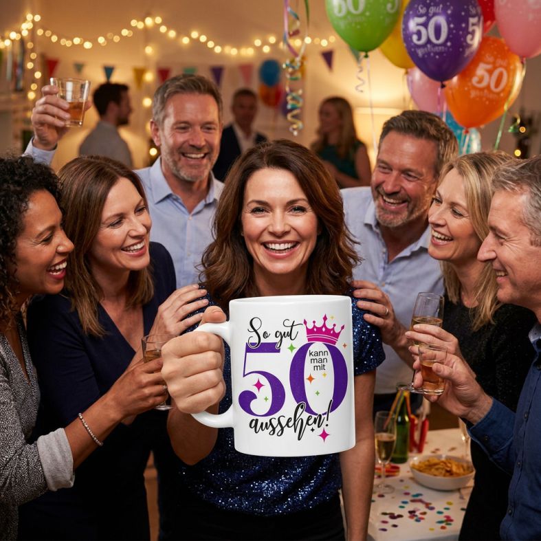 FOTOFOL - Personalisierte Tasse zum 50. Geburtstag | Individuelles Geschenk mit Namen | Spruch "So gut kann man mit 50 aussehen"