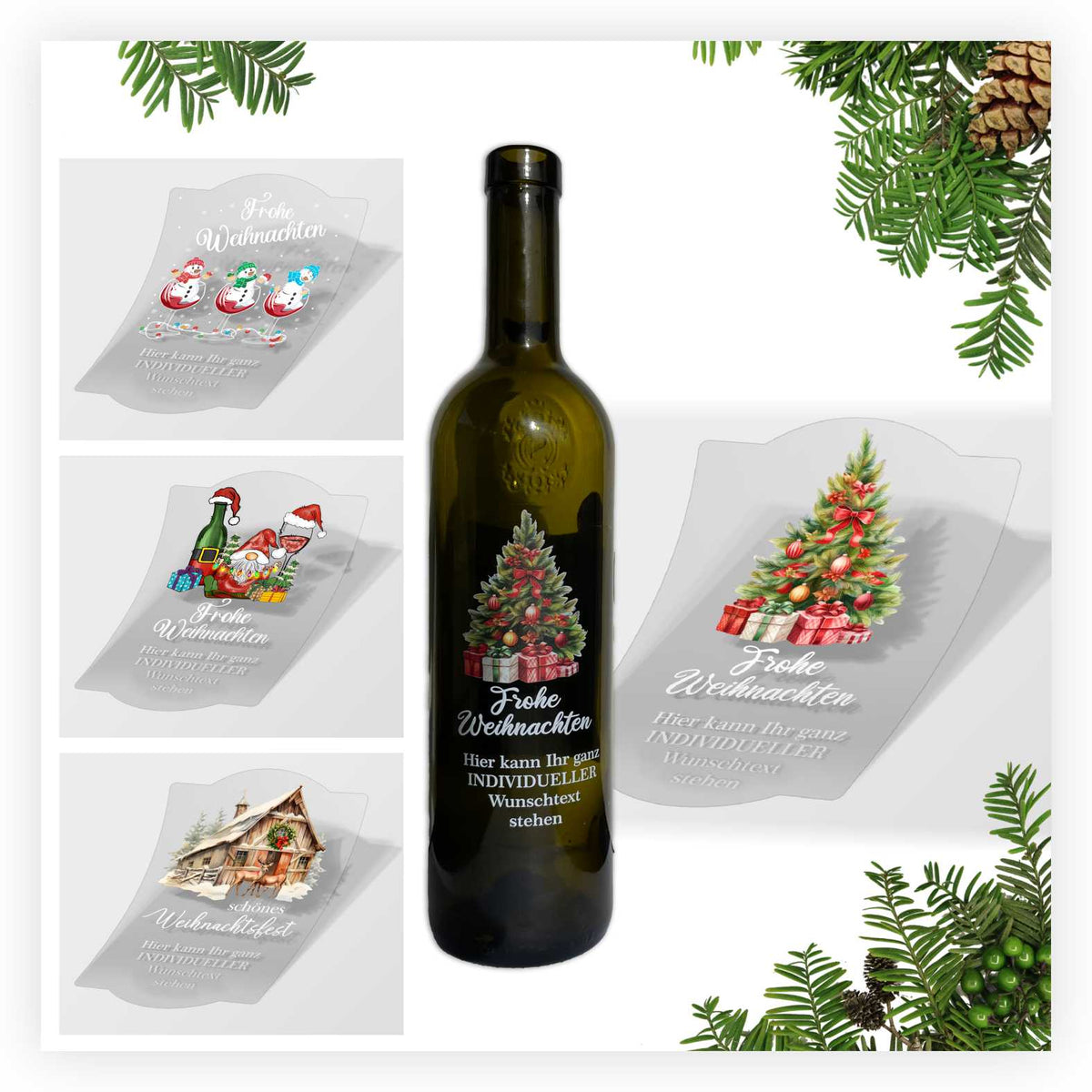 FOTOFOL - Weihnachten Flaschenetiketten personalisiert mit Wunschtext - transparente Aufkleber für Geschenk - weihnachtliche Flaschen Aufkleber