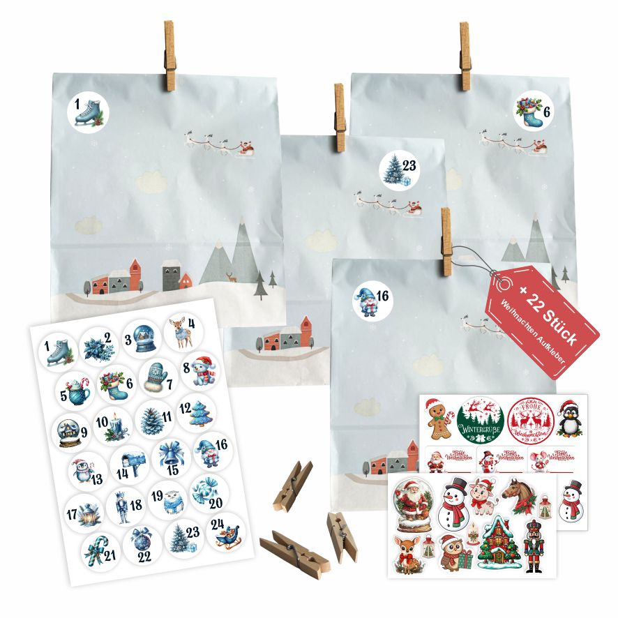 Adventskalender Set L – 24 Geschenktüten 27 x 33 x 10 cm mit Zahlen & Klammern - FOTOFOL