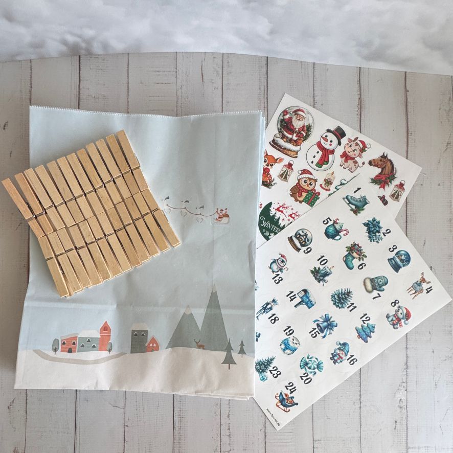 Adventskalender Set L – 24 Geschenktüten 27 x 33 x 10 cm mit Zahlen & Klammern - FOTOFOL