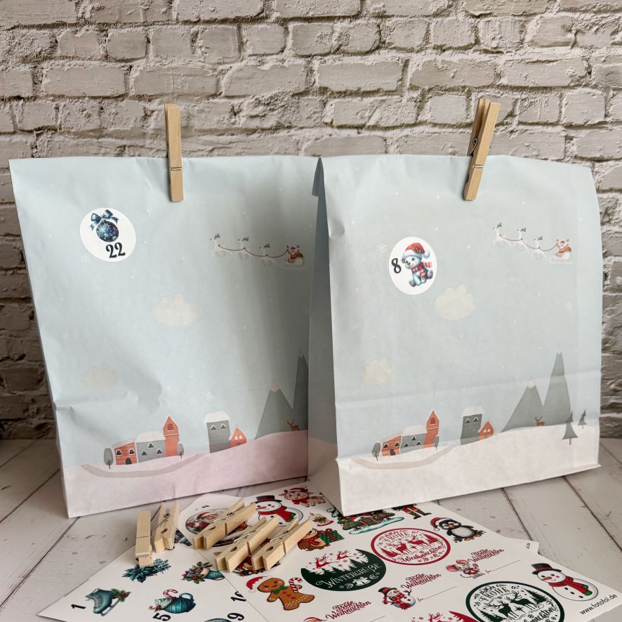 Adventskalender Set L – 24 Geschenktüten 27 x 33 x 10 cm mit Zahlen & Klammern - FOTOFOL