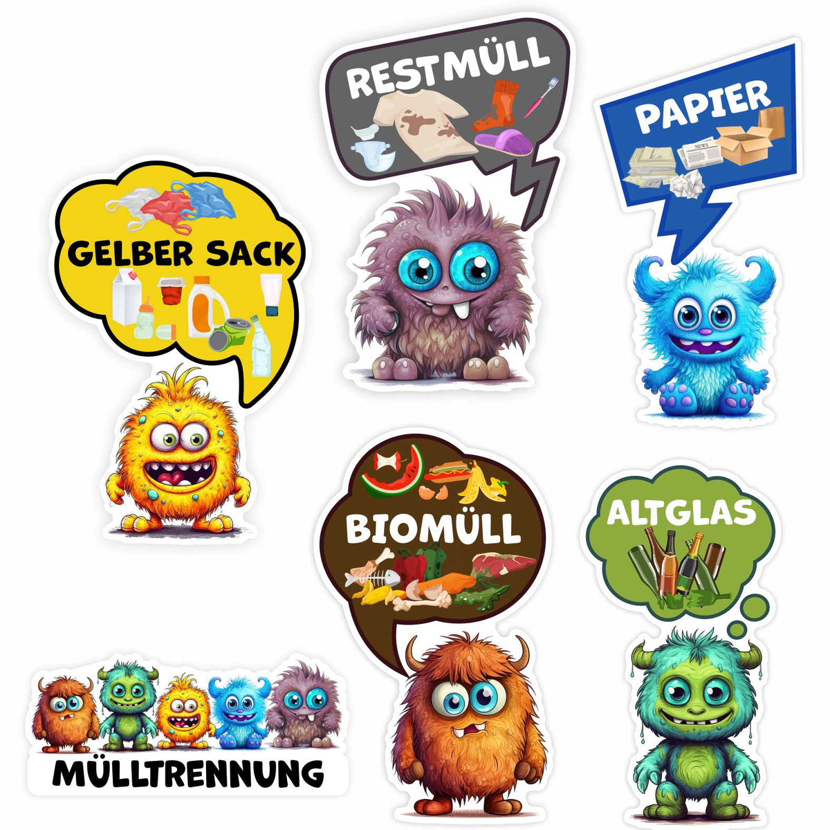 Lustige Aufkleber Monster Set Mülltrennung - Gelber Sack, Altglas, Altpapier, Restmüll, Biomüll- für Innen - FOTOFOL