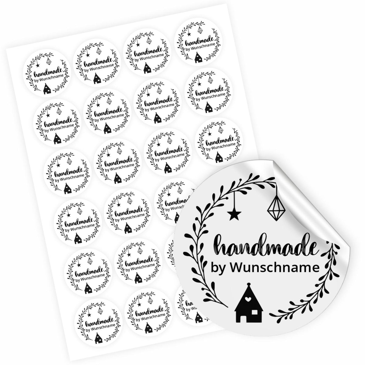 Handmade by Wunschname Aufkleber - 4,5 cm Runde Personalisierte Verkäuferetiketten - FOTOFOL