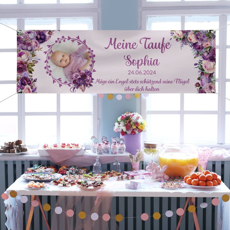 Taufe / Kommunion Banner personalisiert mit Foto und Wunschname - Lila Blumen - FOTOFOL
