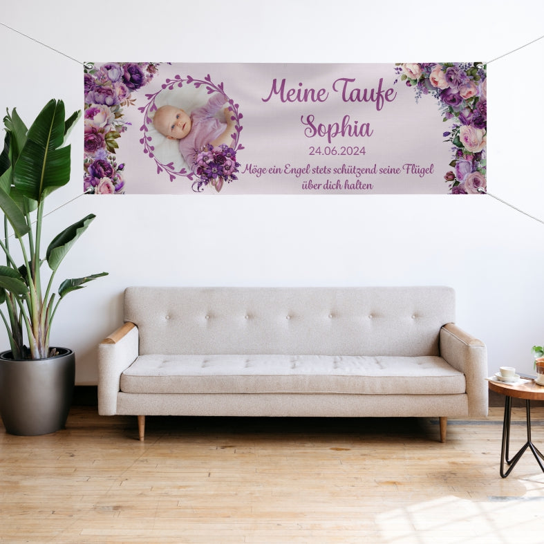 Taufe / Kommunion Banner personalisiert mit Foto und Wunschname - Lila Blumen - FOTOFOL