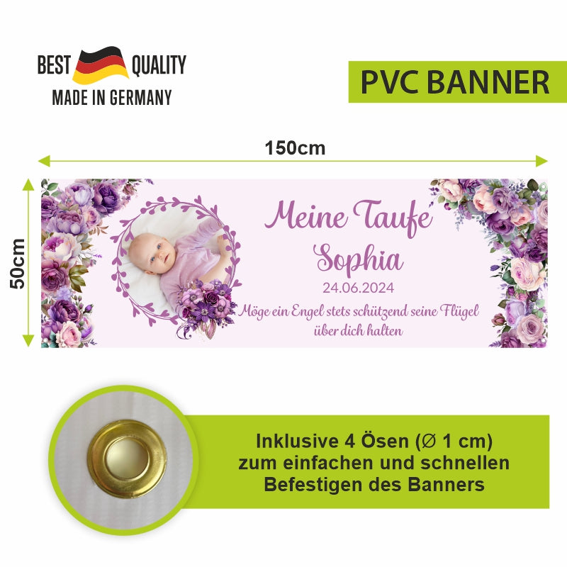 Taufe / Kommunion Banner personalisiert mit Foto und Wunschname - Lila Blumen - FOTOFOL