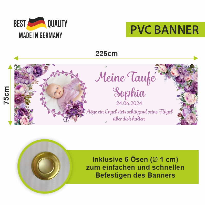 Taufe / Kommunion Banner personalisiert mit Foto und Wunschname - Lila Blumen - FOTOFOL