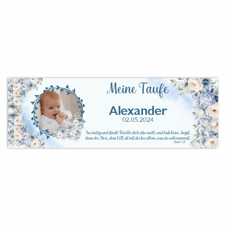 Taufe / Kommunion Banner personalisiert mit Foto und Wunschname - Blaue Blumen - FOTOFOL