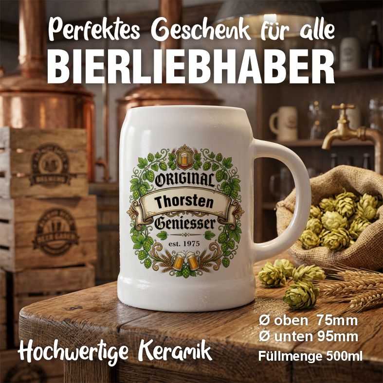 FOTOFOL - Bierkrug personalisiert mit Namen, Bierkrug mit Jahreszahl, Bierkrug bedrucken individuell, personalisierte Biergeschenke Männer, Geschenk für Bierliebhaber, Bierkrug selbst gestalten, Bierkrug grau Keramik, Männergeschenk Bier personalisiert, Vatertagsgeschenk Bierkrug, Bierkrug 500ml mit Namen, Geburtstag Biergeschenk, Bierkrug Geniesser, originelle Biergeschenke, personalisierter Krug Deutschland, Bierkrug Hopfen Design