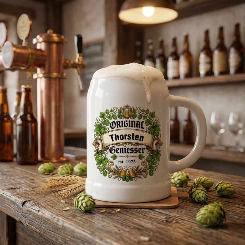 FOTOFOL - Bierkrug personalisiert mit Namen, Bierkrug mit Jahreszahl, Bierkrug bedrucken individuell, personalisierte Biergeschenke Männer, Geschenk für Bierliebhaber, Bierkrug selbst gestalten, Bierkrug grau Keramik, Männergeschenk Bier personalisiert, Vatertagsgeschenk Bierkrug, Bierkrug 500ml mit Namen, Geburtstag Biergeschenk, Bierkrug Geniesser, originelle Biergeschenke, personalisierter Krug Deutschland, Bierkrug Hopfen Design