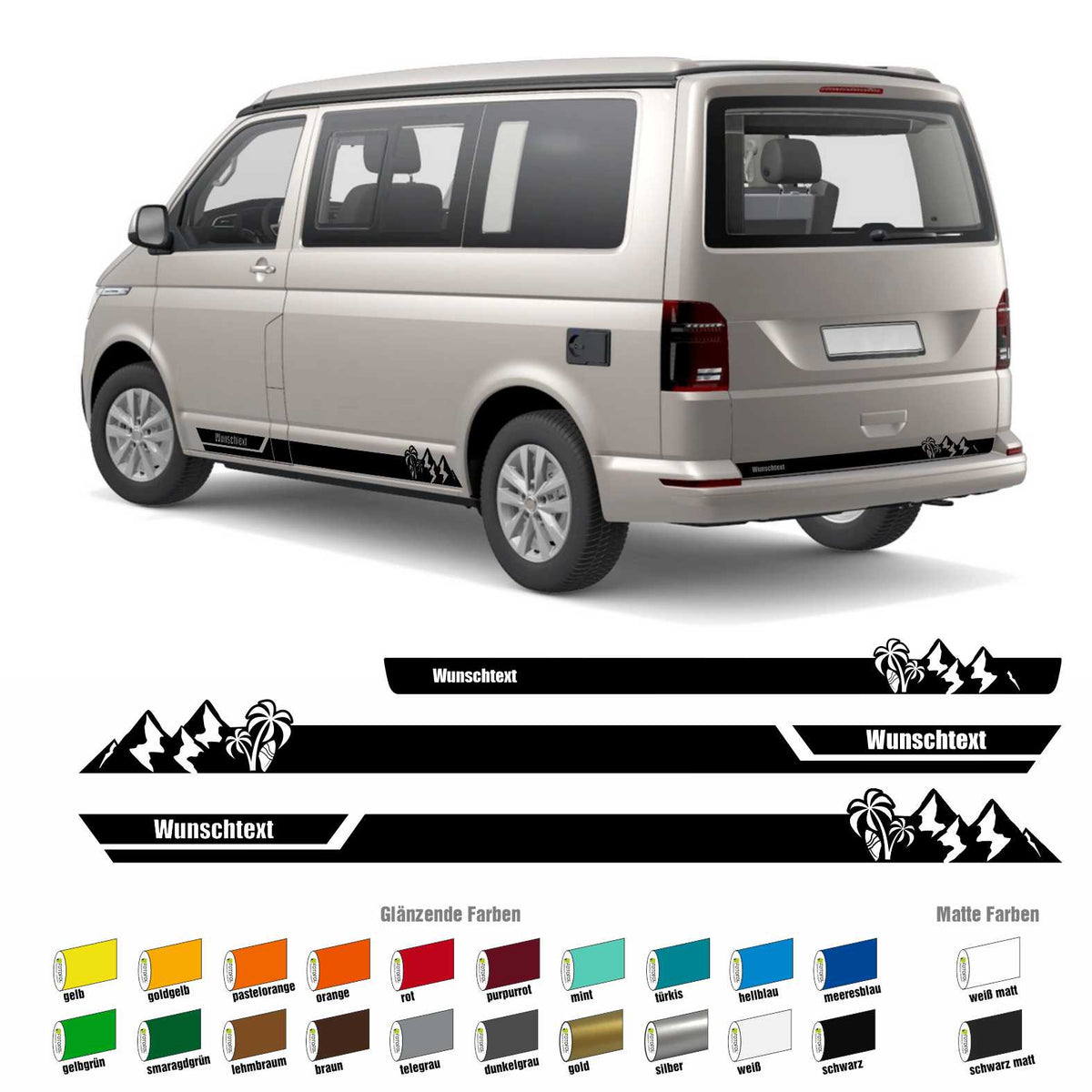 Seitenstreifen Aufkleber Berge-Palme-Surfbrett passend für VW T6.1, T6, T5, Multivan, Bulli, Transporter - mit WUNSCHTEXT - FOTOFOL