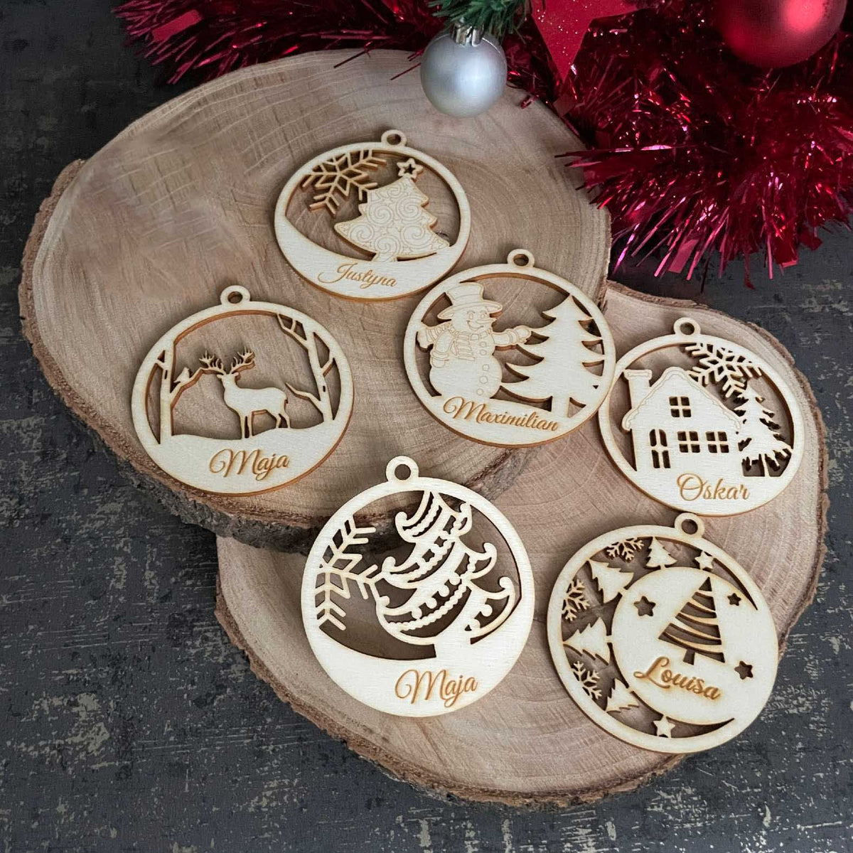 6er Set Weihnachten Kugel Anhänger aus natürlichem Birkensperrholz mit Wunschnamen - FOTOFOL