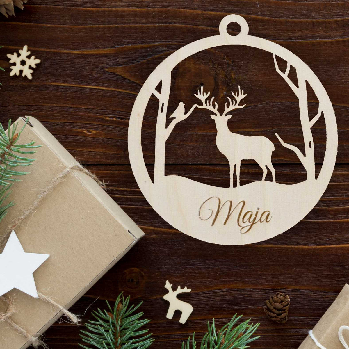 6er Set Weihnachten Kugel Anhänger aus natürlichem Birkensperrholz mit Wunschnamen - FOTOFOL