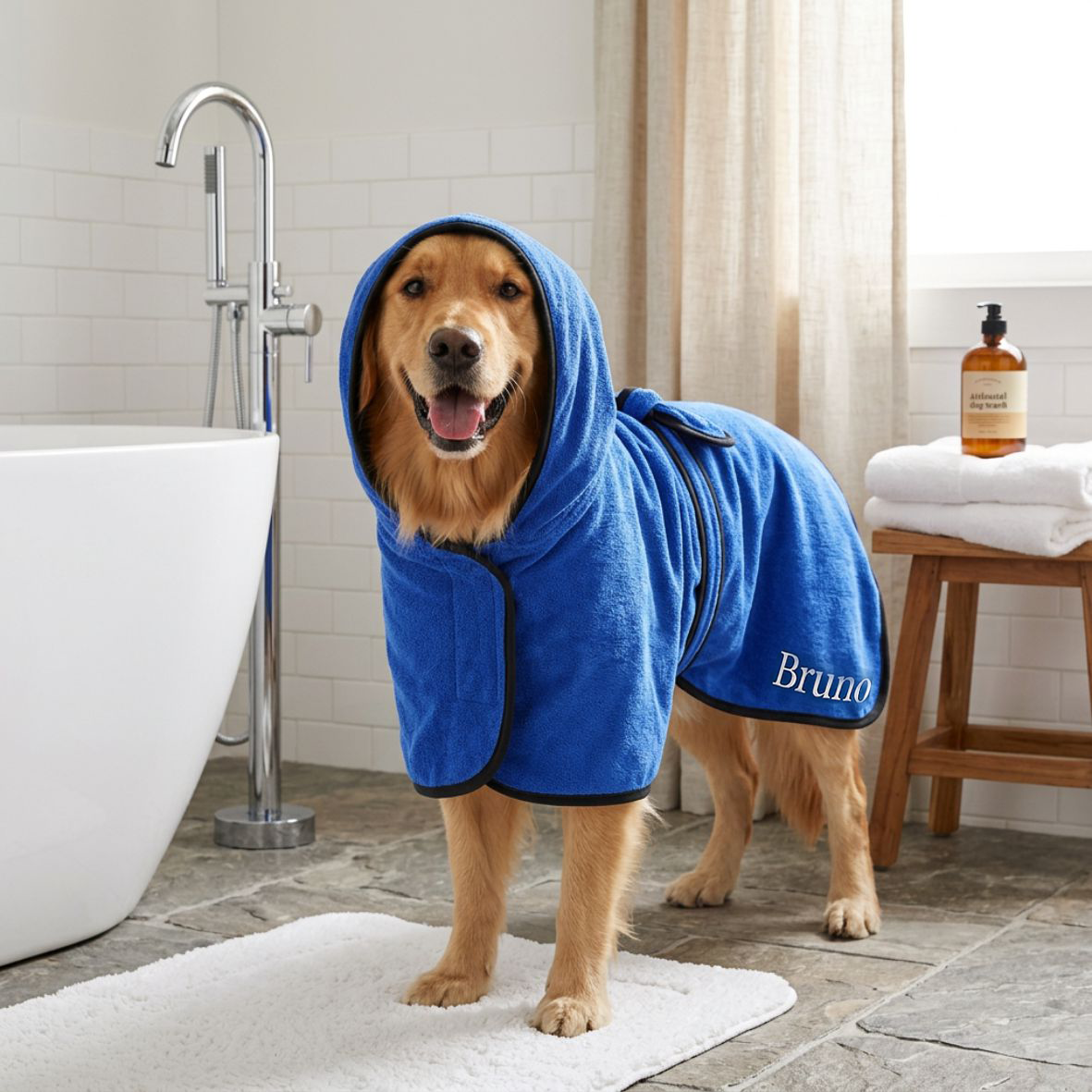 FOTOFOL - Hunde-Bademantel mit Kapuze aus Mikrofaser PERSONALISIERT mit Name