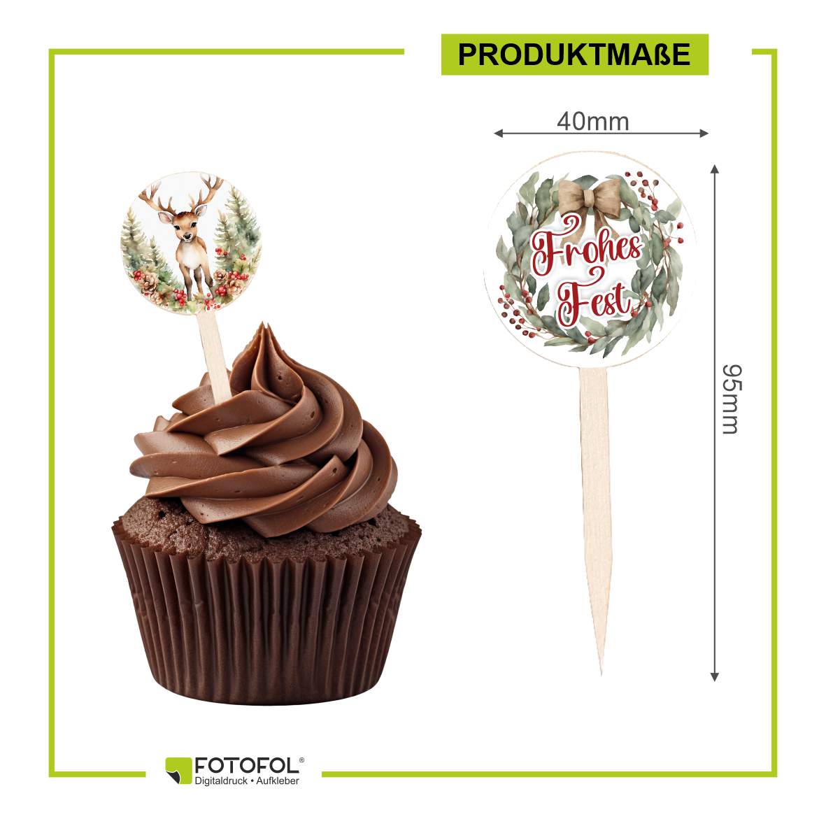 FOTOFOL - 12er Set Holz-Cupcake-Stecker mit 28 Aufklebern für festliche Muffins und Donuts.