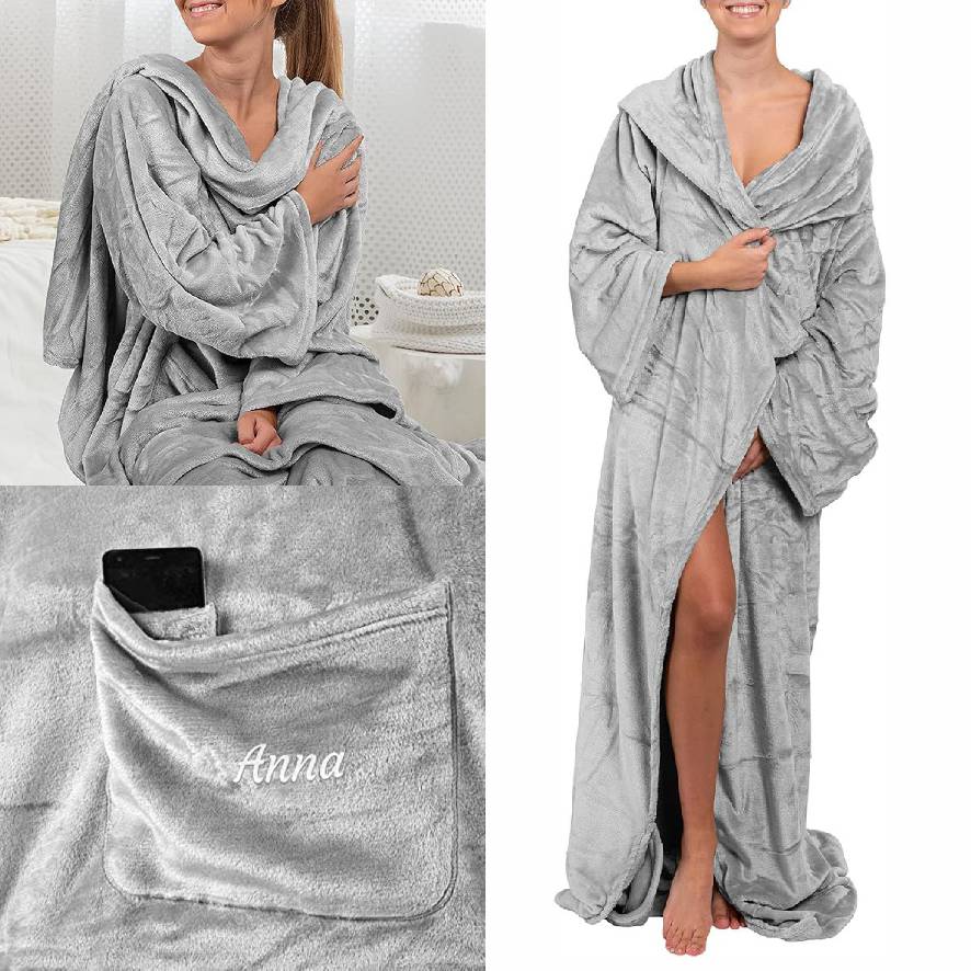 FOTOFOL - Kuscheldecke Personalisiert mit Namen -Flauschige Decke mit Ärmeln - hellgrau