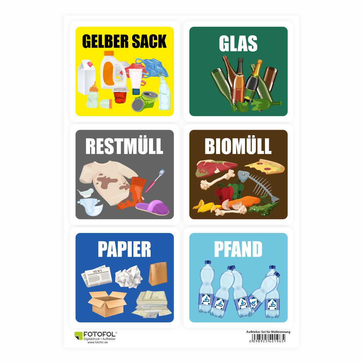 6er Set Aufkleber Mülltrennung Abfalleimer Mülltonne - Gelber Sack, Altglas, Altpapier, Restmüll, Biomüll, Pfand - Aufkleber 9,8 x 9 cm für Innen - FOTOFOL