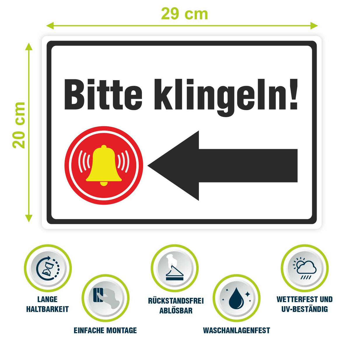 Aufkleber 29x20cm "Bitte klingeln - Pfeil rechts oder links" - Hinweisaufkleber für den Innen- und Außenbereich - Folie selbstklebend - FOTOFOL