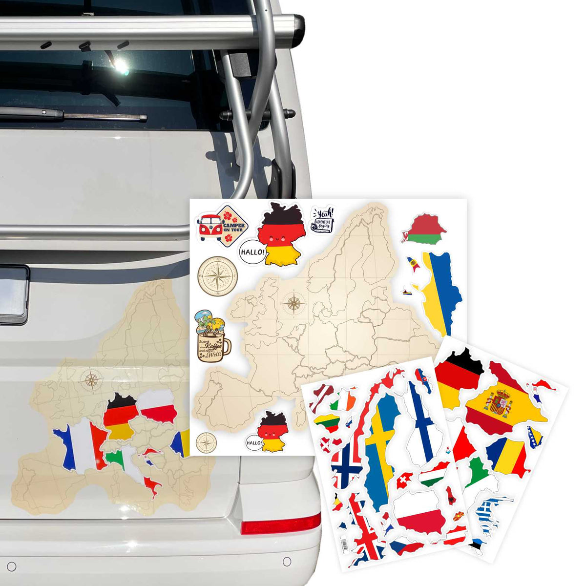 Europa Karte Aufkleber Set zum Aufkleben - für Fahrzeuge, Möbel, Tür, Wand, Fenster - perfekt für VW Bulli California - FOTOFOL