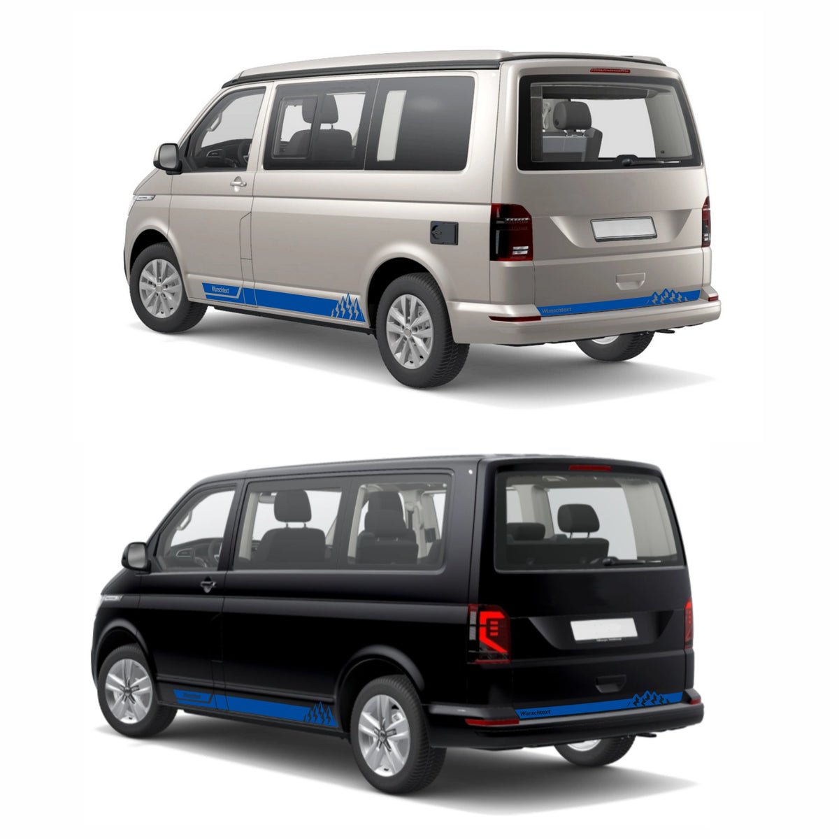 Seitenstreifen Aufkleber mit "Berge" Motiv passend für VW T6.1, T6, T5, Multivan, Bulli, Transporter - WUNSCHTEXT - FOTOFOL