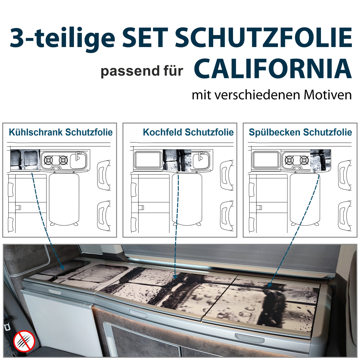 Schutzfolien Auto-Set, passend für VW T6.1 oder T6 California -
Schutz für Glass-Abdeckung vom Kühlschrank, Kochfeld,
Spülbecken mit verschiedenen Motiven | FOTOFOL