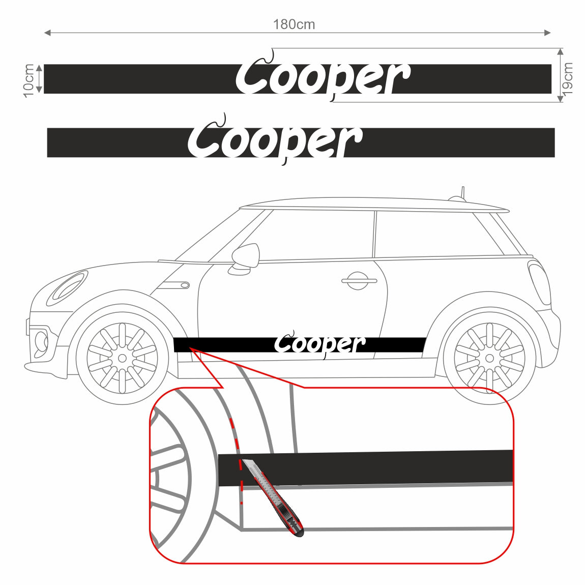 Seitenstreifen Mini Cooper "Cooper" Aufkleber Auto Sticker 180 x 19 cm - FOTOFOL