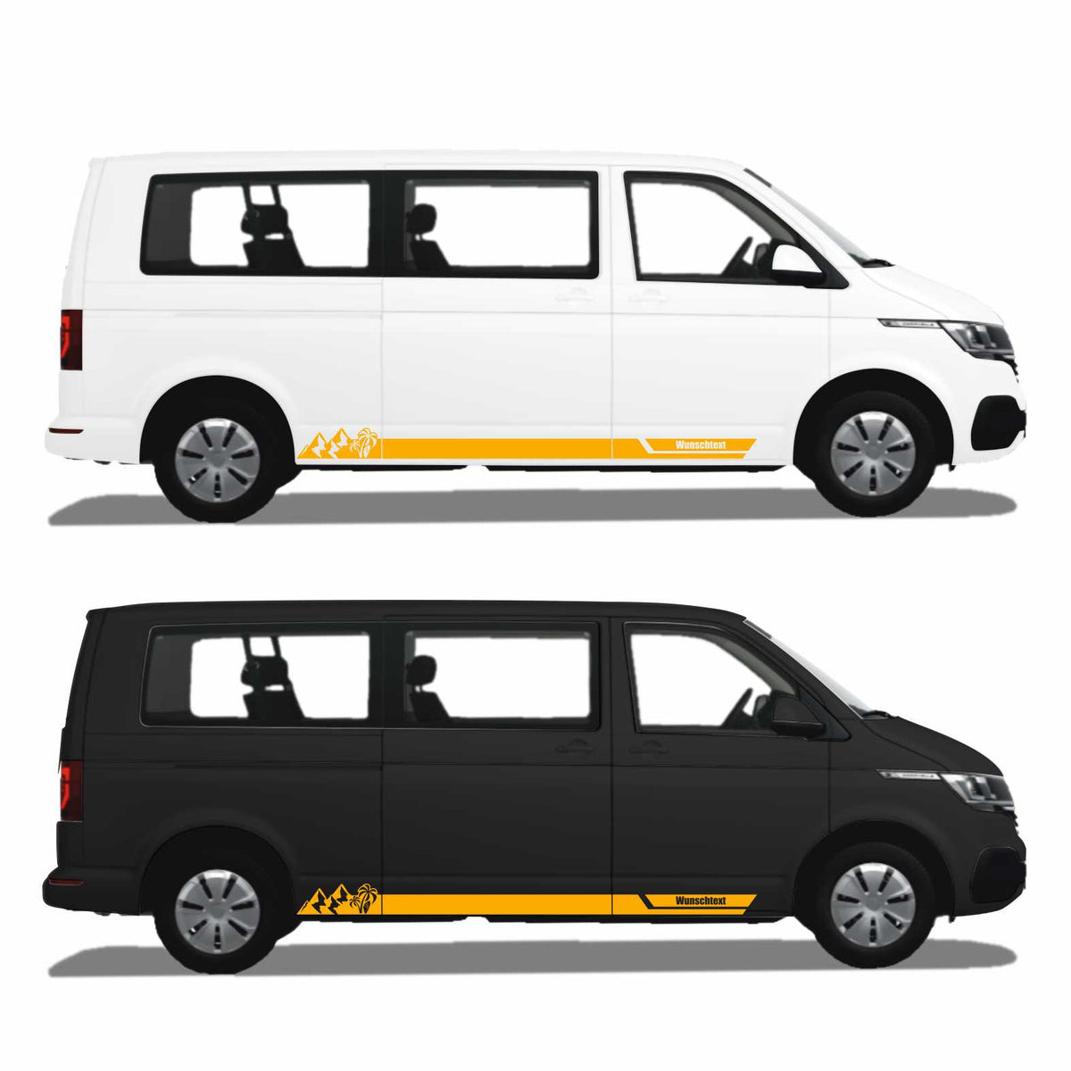Seitenstreifen Aufkleber Berge-Palme-Surfbrett passend für VW T6.1, T6, T5, Multivan, Bulli, Transporter - mit WUNSCHTEXT - FOTOFOL