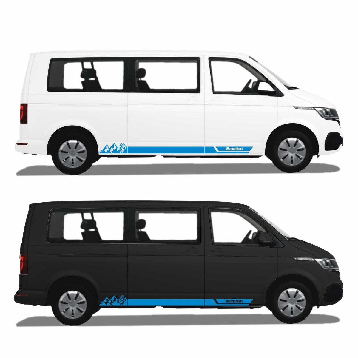 Seitenstreifen Aufkleber Berge-Palme-Surfbrett passend für VW T6.1, T6, T5, Multivan, Bulli, Transporter - mit WUNSCHTEXT - FOTOFOL