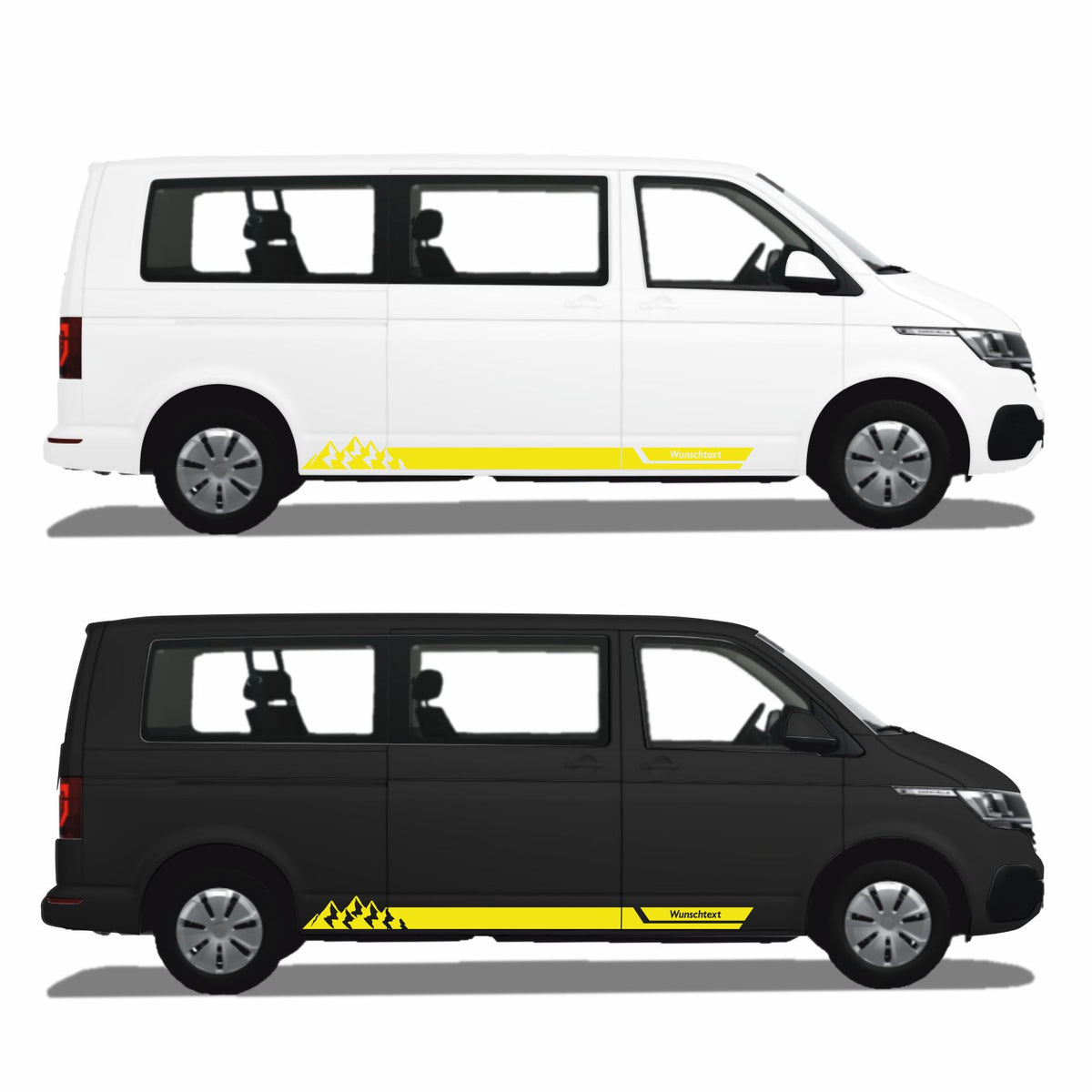 Seitenstreifen Aufkleber mit "Berge" Motiv passend für VW T6.1, T6, T5, Multivan, Bulli, Transporter - WUNSCHTEXT - FOTOFOL