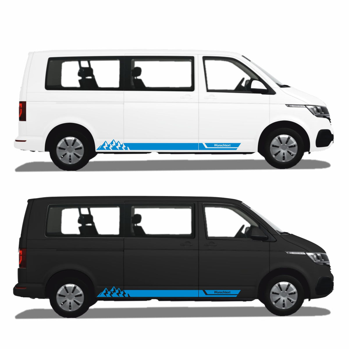 Seitenstreifen Aufkleber mit "Berge" Motiv passend für VW T6.1, T6, T5, Multivan, Bulli, Transporter - WUNSCHTEXT - FOTOFOL