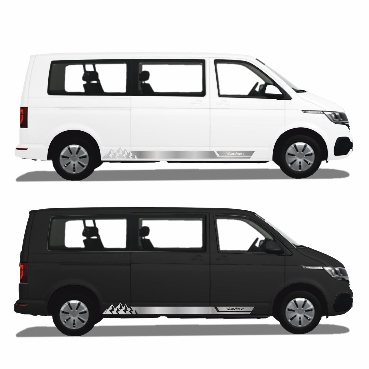 Seitenstreifen Aufkleber mit "Berge" Motiv passend für VW T6.1, T6, T5, Multivan, Bulli, Transporter - WUNSCHTEXT - FOTOFOL