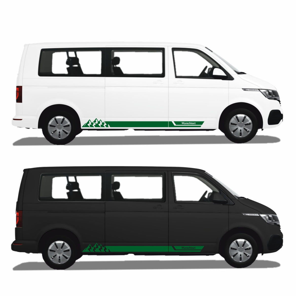 Seitenstreifen Aufkleber mit "Berge" Motiv passend für VW T6.1, T6, T5, Multivan, Bulli, Transporter - WUNSCHTEXT - FOTOFOL