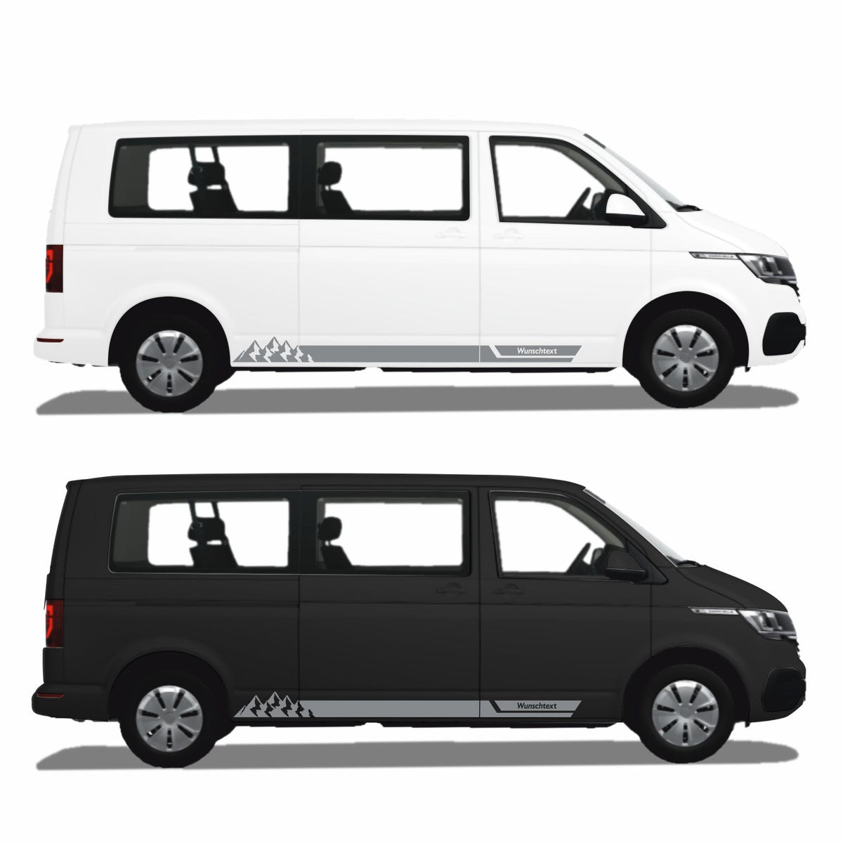 Seitenstreifen Aufkleber mit "Berge" Motiv passend für VW T6.1, T6, T5, Multivan, Bulli, Transporter - WUNSCHTEXT - FOTOFOL
