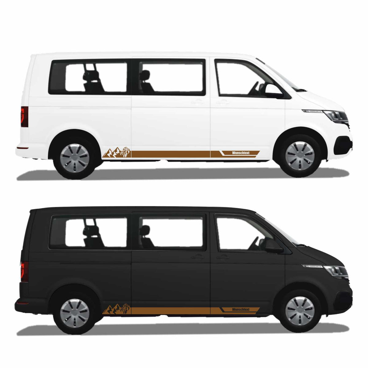 Seitenstreifen Aufkleber Berge-Palme-Surfbrett passend für VW T6.1, T6, T5, Multivan, Bulli, Transporter - mit WUNSCHTEXT - FOTOFOL