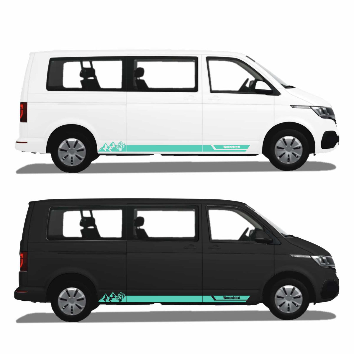 Seitenstreifen Aufkleber Berge-Palme-Surfbrett passend für VW T6.1, T6, T5, Multivan, Bulli, Transporter - mit WUNSCHTEXT - FOTOFOL