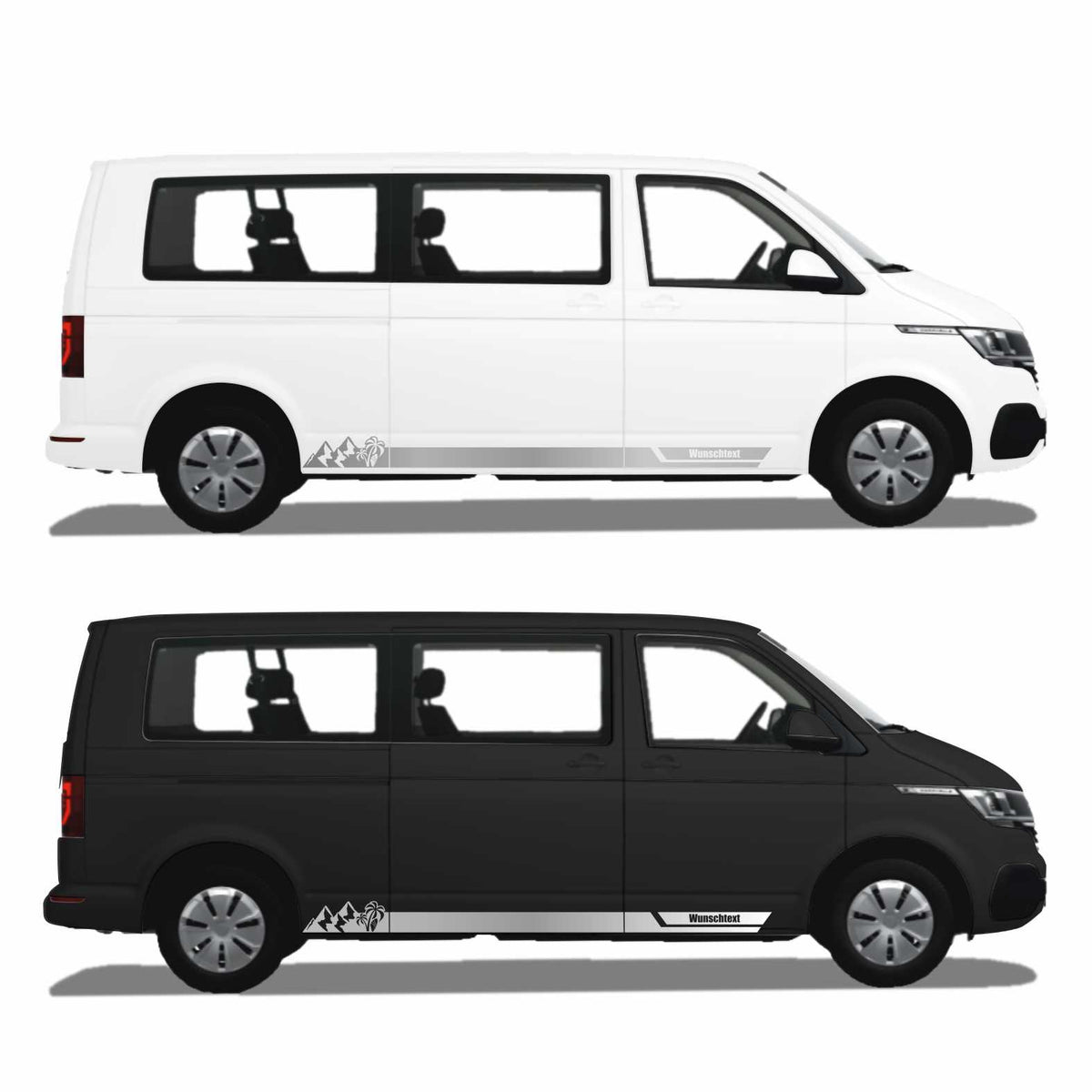 Seitenstreifen Aufkleber Berge-Palme-Surfbrett passend für VW T6.1, T6, T5, Multivan, Bulli, Transporter - mit WUNSCHTEXT - FOTOFOL