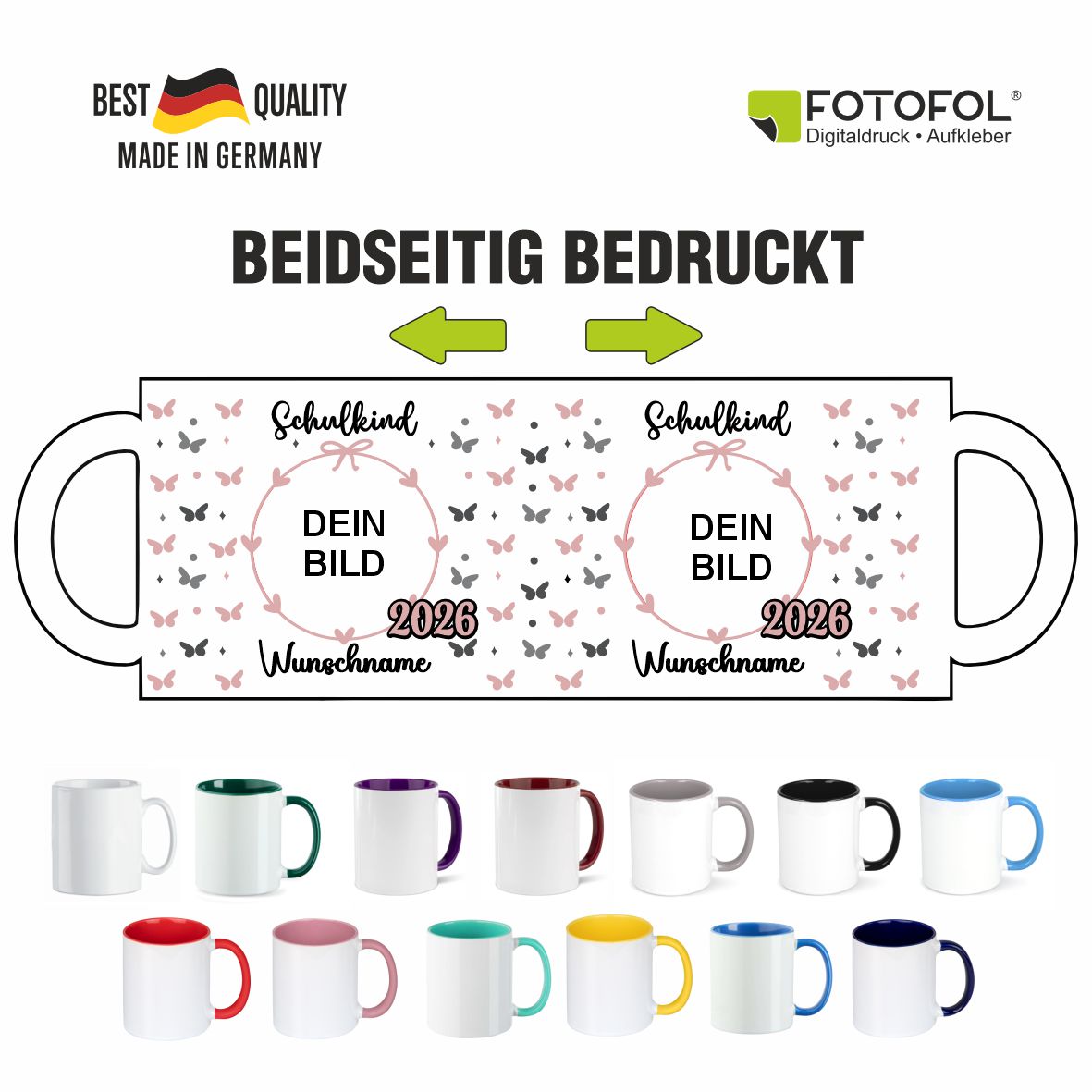 Tasse Einschulung mit Name und Bild Personalisieren Mädchen Schmetterling - Fotofol
