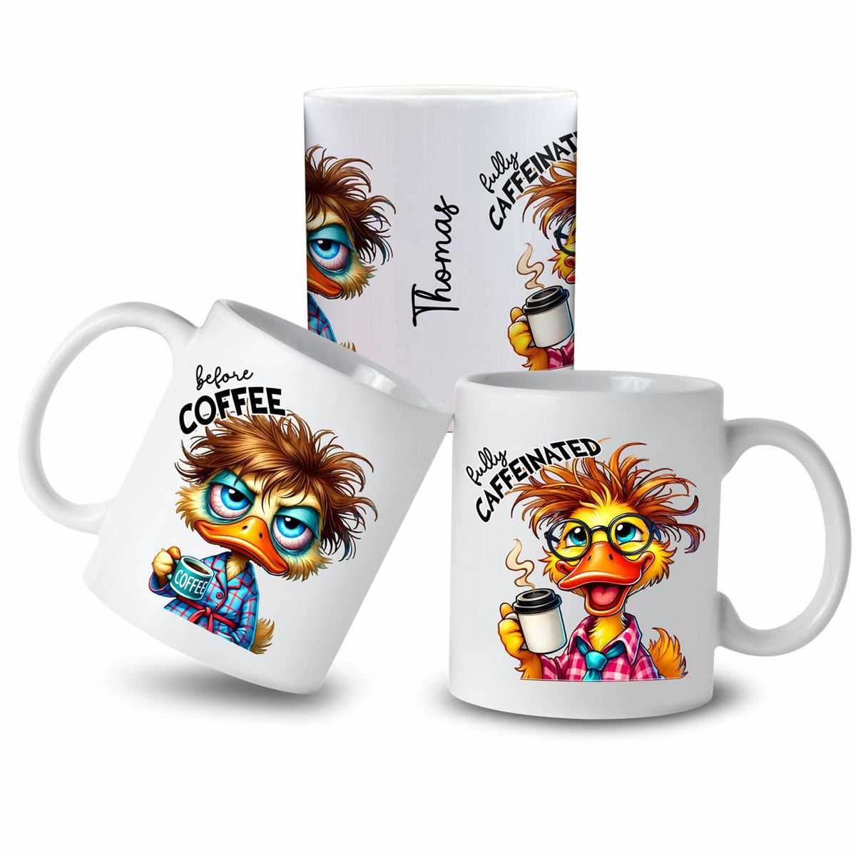 Personalisierte Kaffeetasse mit Wunschname - before Coffee - Ente - FOTOFOL